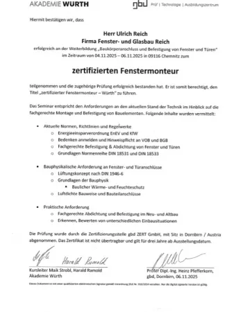Bild: Zertifikat Fenstermonteur 11/25 (AKADEMIE WURTH - Zertifikat Fenstermonteur 11/25) 